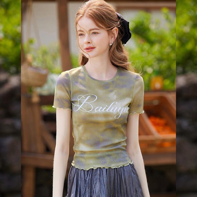 

Bailuyu 2026 Summer Elegant Letter Print Short Sleeve T-Shirt L
