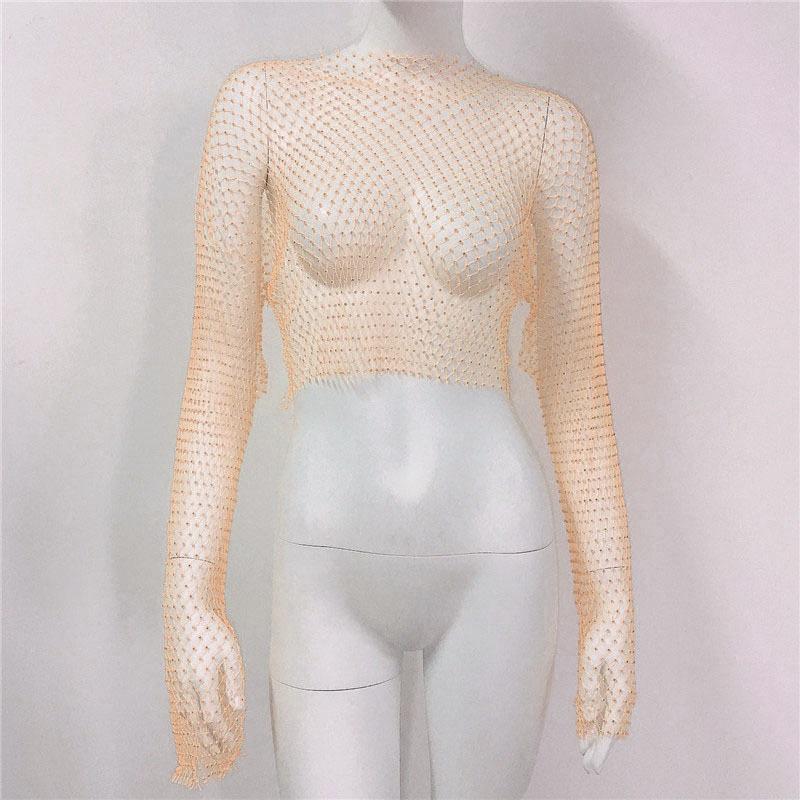 Trendy Mesh Fishnet T-Shirt For Europe And America - Long-Sleeved Rhinestone Top. Sexy Hot Girl Style With Heat-Pressed Rhinestones-Mesh Top For Women