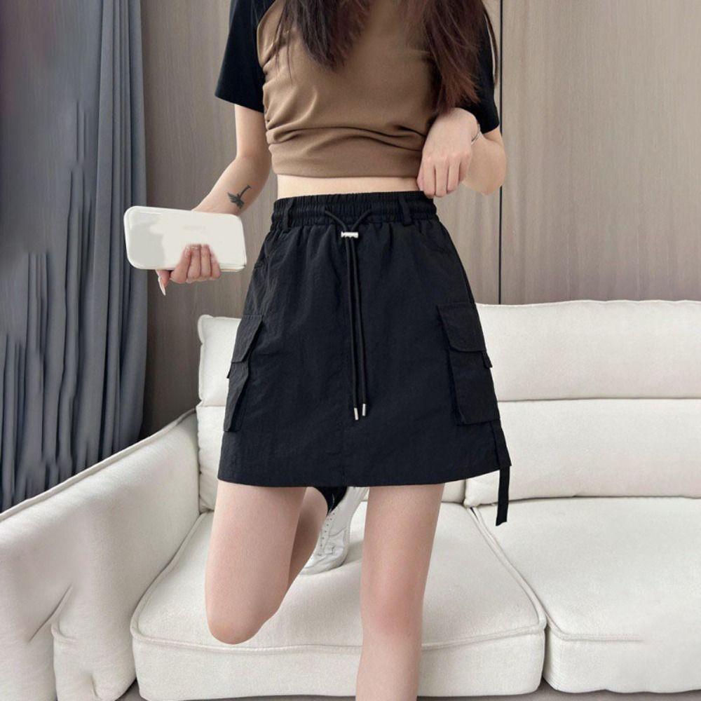 Drawstring Wide Half Leg Skirts Lace Up Causal Skirts Women Fashion High Waist Skirt  Streetwear