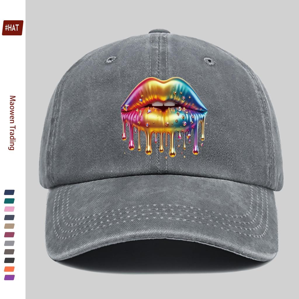 Pc Glossy Rainbow Lip and Sparkling Print Baseball Cap Simple Design Sun Hat Trucker Decorative Hat Adjustable Buckle Strap