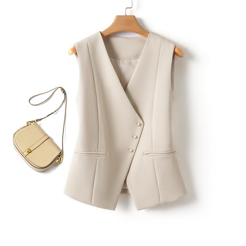 

Solid Color Short Vest Women s Spring & Fall Fashion V Neck Diagonal Button Versatile Workplace Elegant Vest Jacket XXXL бежевий