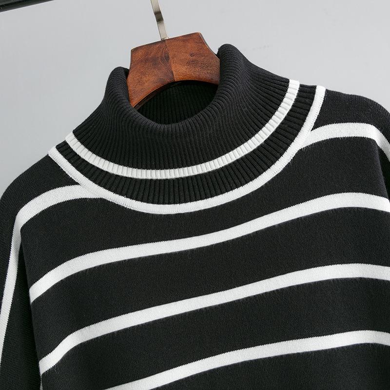 Autumn Winter Women Sweater Knitted Sweater Pullover Loose Casual Striped Turtleneck Sweater