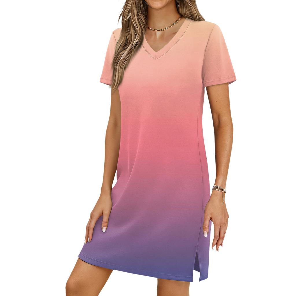 Women's Casual V-neck Short Sleeve Split Hem Gradient Dress