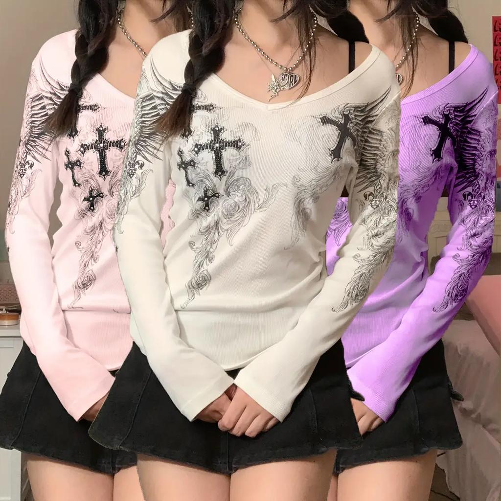 Mode Grafik Kreuz Flügel Druck Langarm Frauen T-shirt Y2k Top Harajuku T 2000s Ästhetischen Punk Stil Kleidung Streetwear