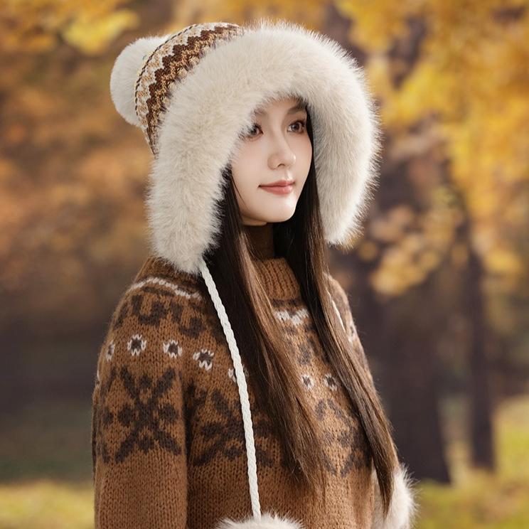 Winter Retro Ethnic Style Knitted Warm Thickened Velvet Cold-proof Wool Hat Women's Warm Ear Protector Hairball Hat