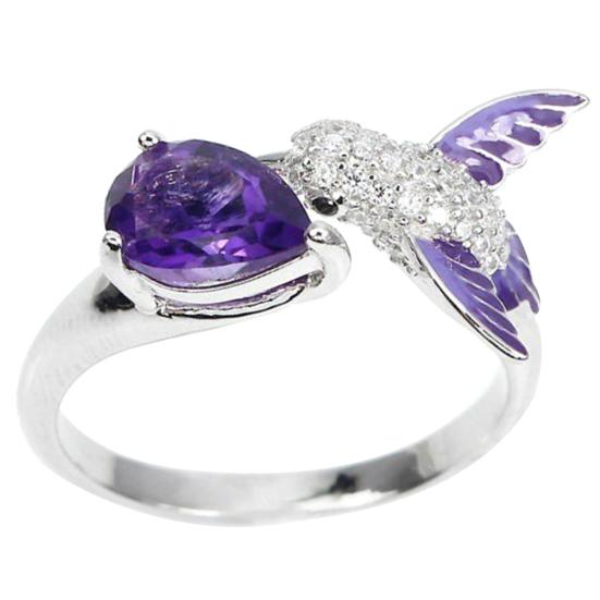 Bird Water Drop Faux Amethyst Cubic Zirconia Women Engagement Wedding Open Ring