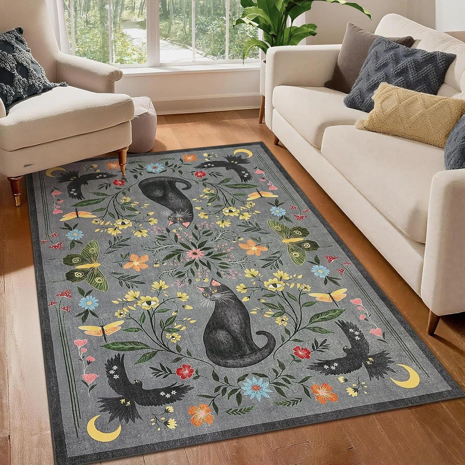 Boho Black Cat  Floral Area Rug
