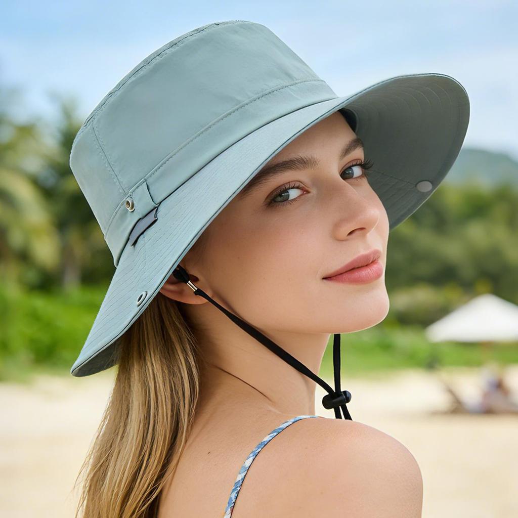 Chapeau seau de protection solaire avec mentonnière coupe-vent, Chapeau de pêche d'extérieur à large bord pour hommes femmes