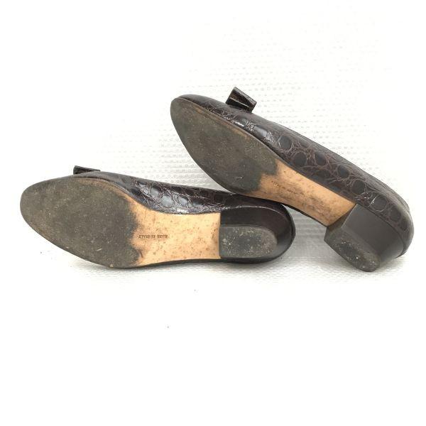 Salvatore Ferragamo Vara Ribbon Crocodile Leather Pumps Brown Size 6C (23.0cm) Italy Made(USED)