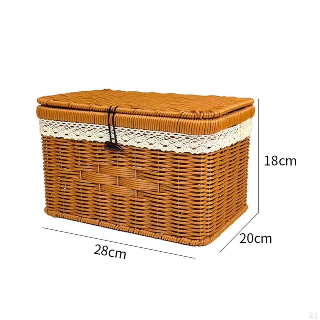 Wicker Storage Basket with Lid Rectangular Woven Box Vintage for Desktop