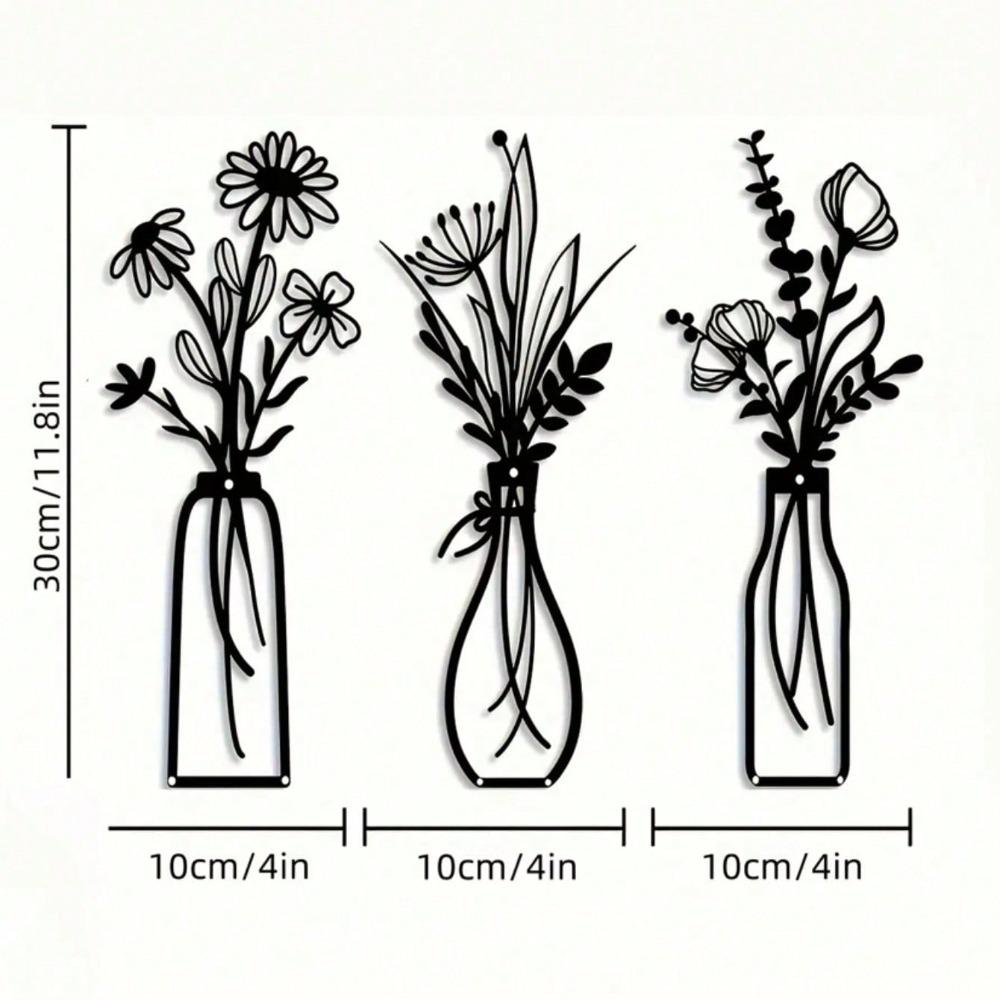 3 Piece Black Acrylic Floral Wall Art Set with Vase Modern Minimalist Home Decor Gift