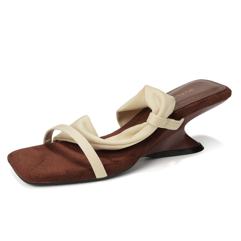 New niche lazy two wear high-heeled sandals for women's summer wear wedge heels cool slippers open-toed women's shoes