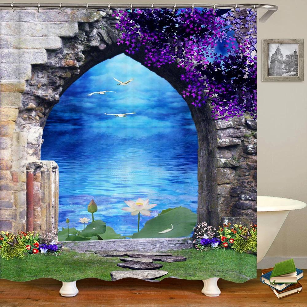 

Door Flower Luxury European Arched Shower Curtain Printed Garden Green Art Plants Stone Wall Street Scenery Bathroom Decor Hooks W90XH180cm
