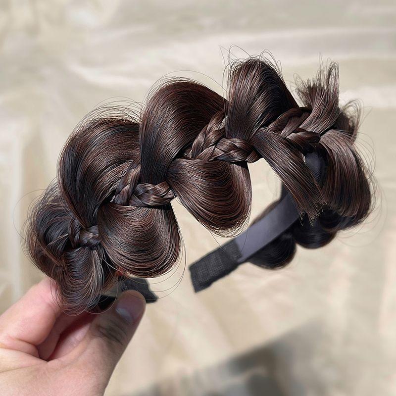 

Hoop One Female Cover Gray Hair Height Increasing Skull Top Temperament Youthful-Looking Fishbone Cable Stitch Twisted Braid Simulation Fake Headband Twist gourd Fishbone braid-hairband [dark brown]]