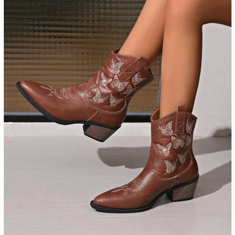 Fashion Women Boots New Winter Boots Western Cowboy Boot Pointed Embroidered Knight Boot Retro High Heels Allmatch Ankle Botas