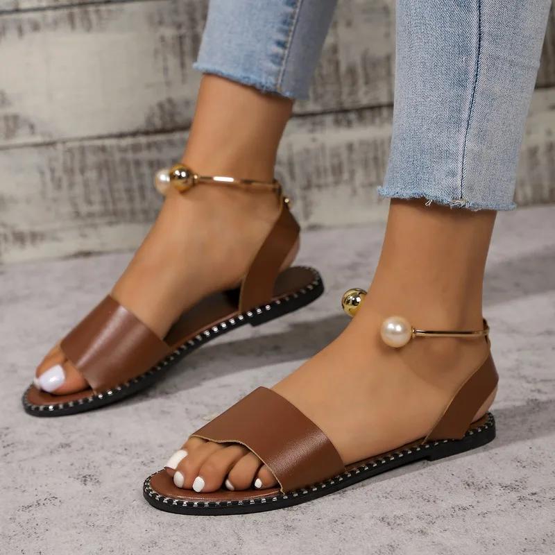 

Обувь для женщин 2025 Летняя мода Женские сандалии Расшитые жемчугом шлепанцы Дамские шлепанцы Повседневные плоские сандалии с ремешком через пятку 38 коричневый