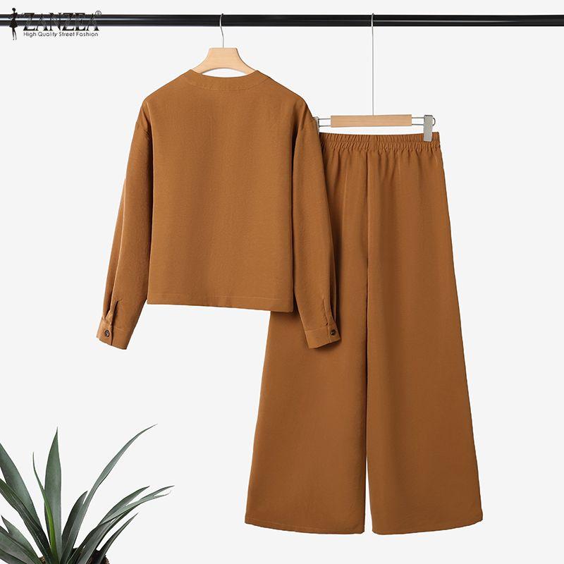 ZANZEA Bluză și pantaloni cu mânecă lungă pentru femei Seturi de costume casual din două piese