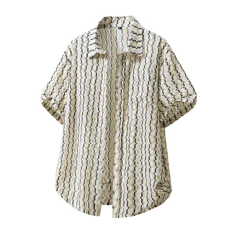Herren Sommer Mode Gestricktes Fischschuppen Gestreiftes Kurzarm Hawaiianisches Hemd Lässig Tasche Strand Urlaubshemden Herrenbekleidung