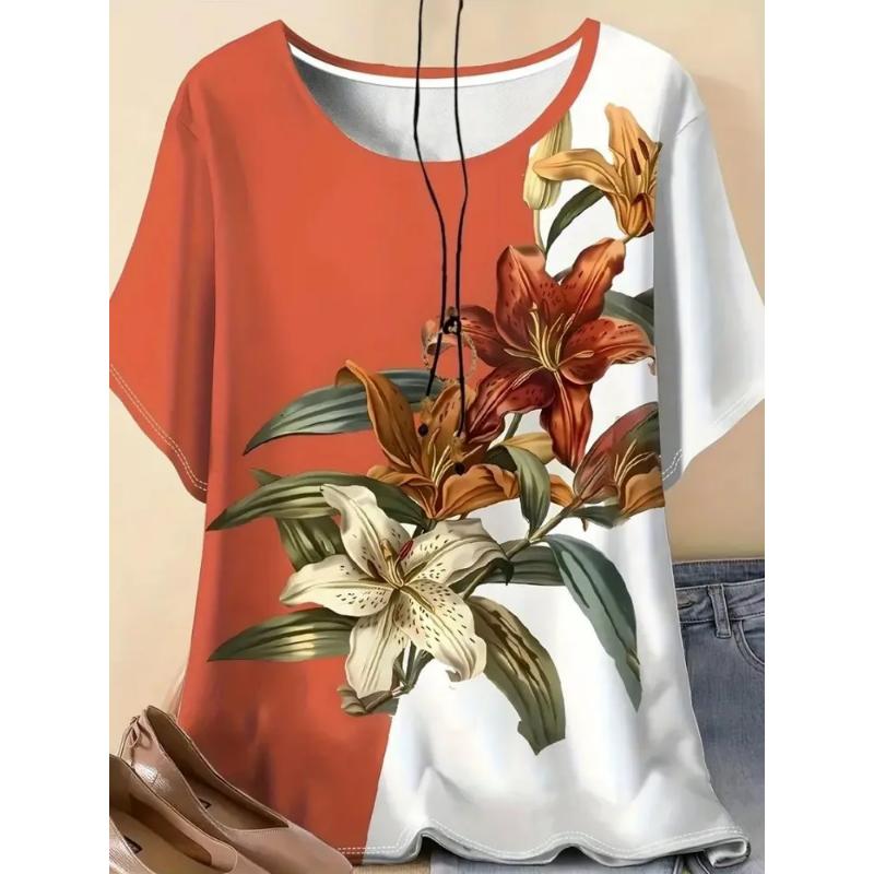 Fashion Women's 3D Flower Color Printing Flower Short Sleeve Crew Neck T-Shirt Crew Neck Short Sleeve