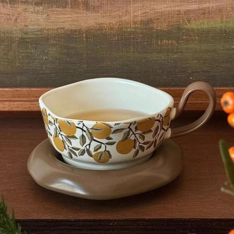 Lillard Pomegranate Floral Underglaze Coffee Cup & Saucer Set