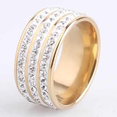 9mm Gold Color Clay Three Row Crystal Stainless Steel Wedding Rings for Men Women
