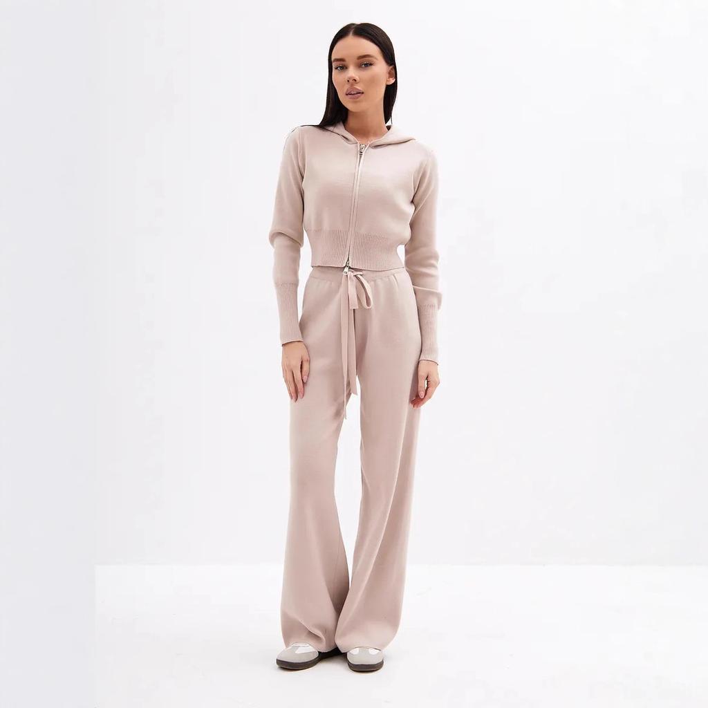 Europe, America autumn and winter new women's fashion suit hooded zipper knitted top thin strap trousers two-piece set women