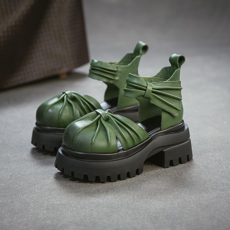 

Johnature Retro Pleated Round Toe Thick Soled Sandals Genuine Leather Versatile Women s Platform Shoes 37 зелений