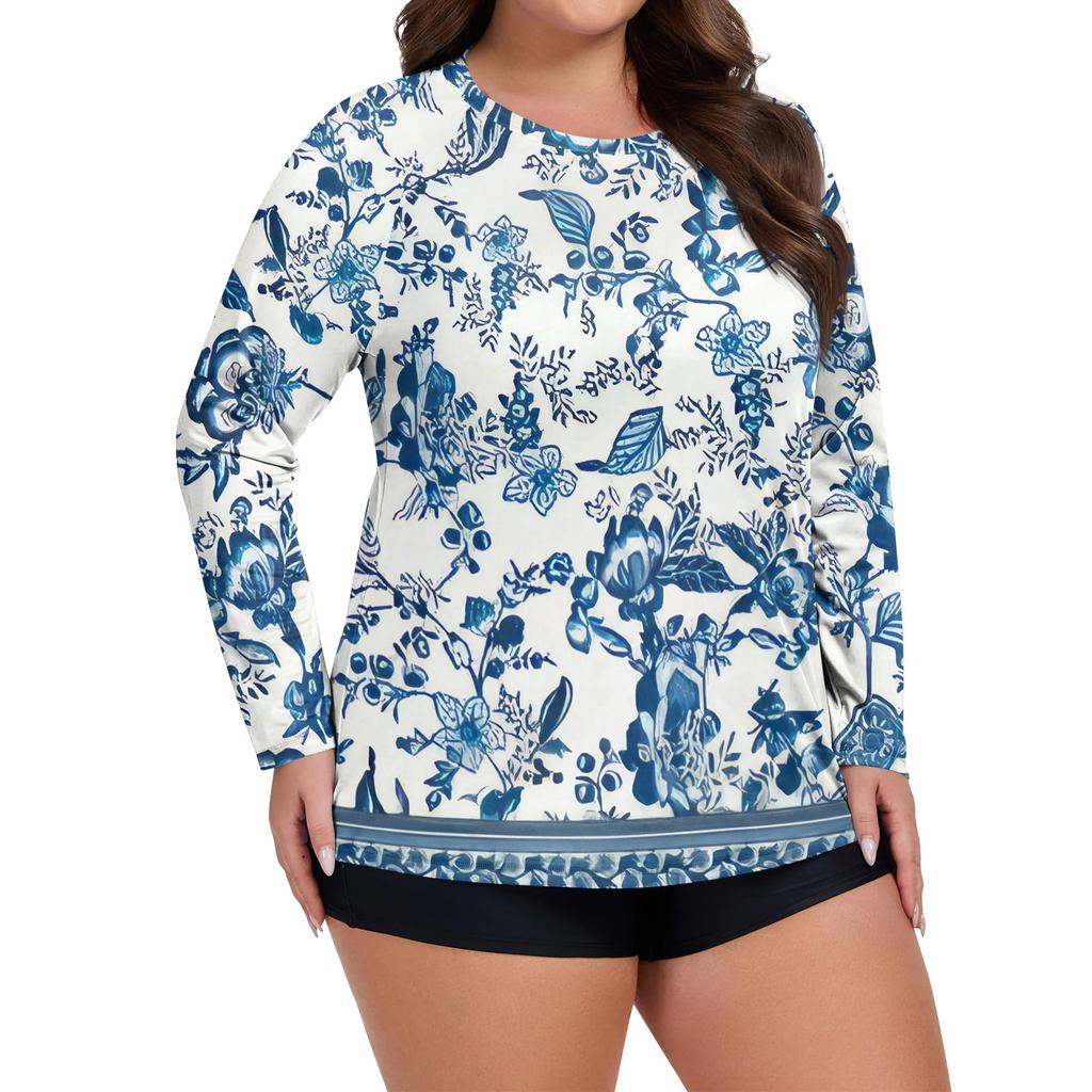 Women's Printed Large Size Long Sleeve Swimsuit Sun Jacket Quick Dry Hiking Top