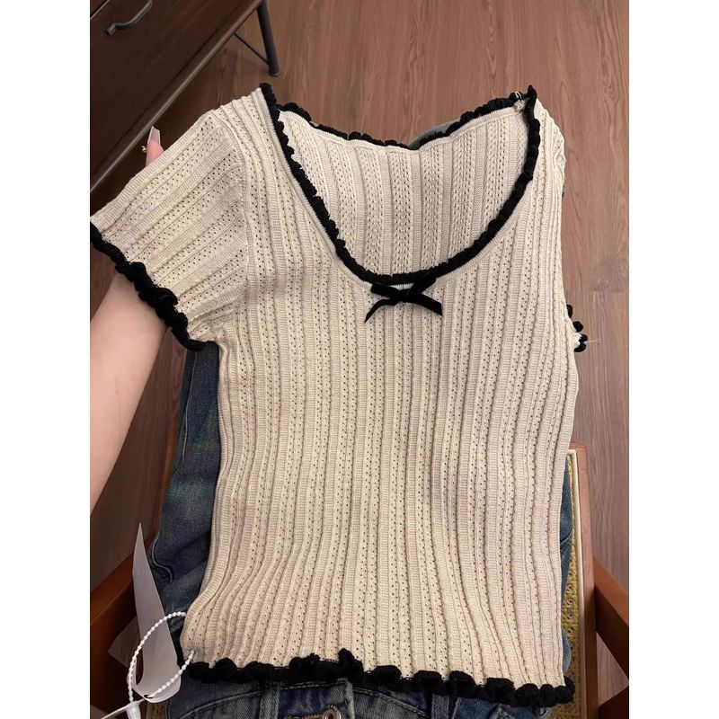 

Плечо Ледяной шелк Вязаный Короткий рукав Летний Нишевый стиль Кружево Apricot color L