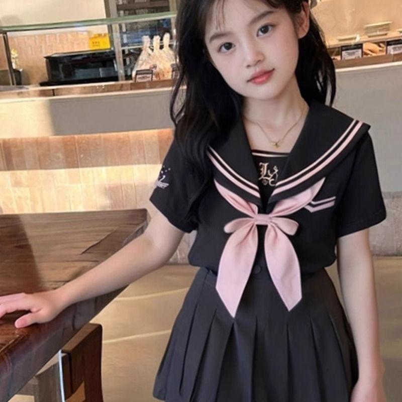 Girls' Academy Style Sailor Suit: Navy Collar Bow Shirt & Skirt Set