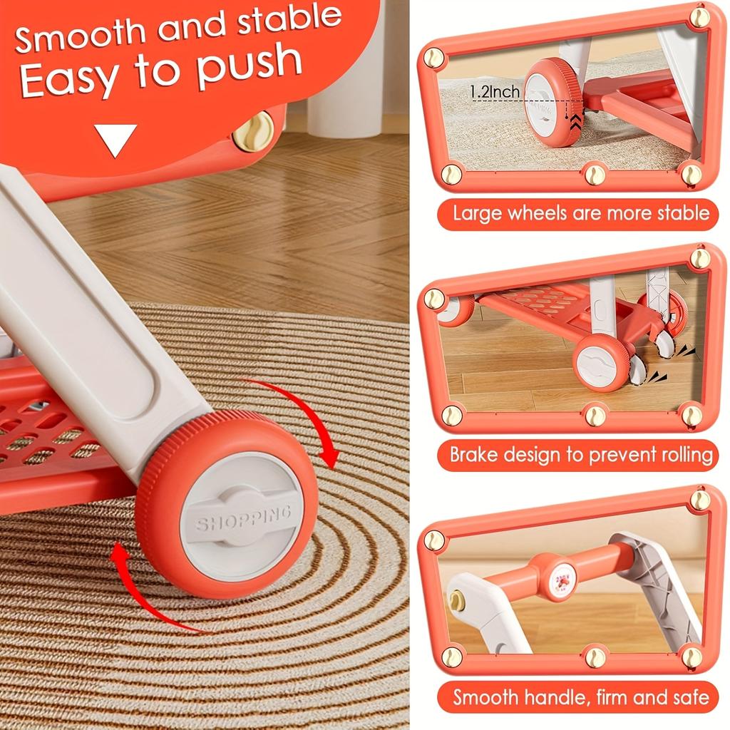 31pcs Kids Play Shopping Cart Set, Red and Green, Made of Other Plastic Material, with Play Food Fruit Vegetable Dessert and Shop Accessories