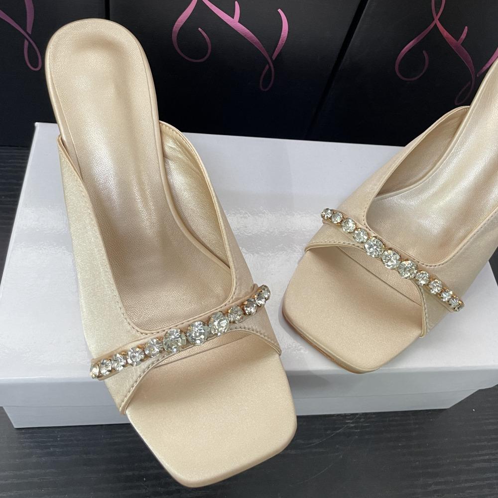 Women's Summer Open Toe High Heel Sandals with Rhinestones Outside Wearing Elegant Heels Square Head Sandals Slippers