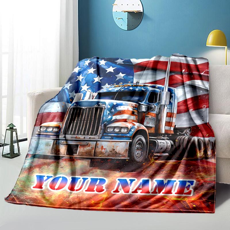 1PC Custom Name American Flag Truck Art flannel blanket versatile, all-season throw suitable for the living room, bedroom, camping, travel, and gift
