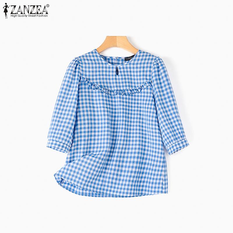 ZANZEA Women Summer Round Neck 3/4 Sleeve Plaid Blouses