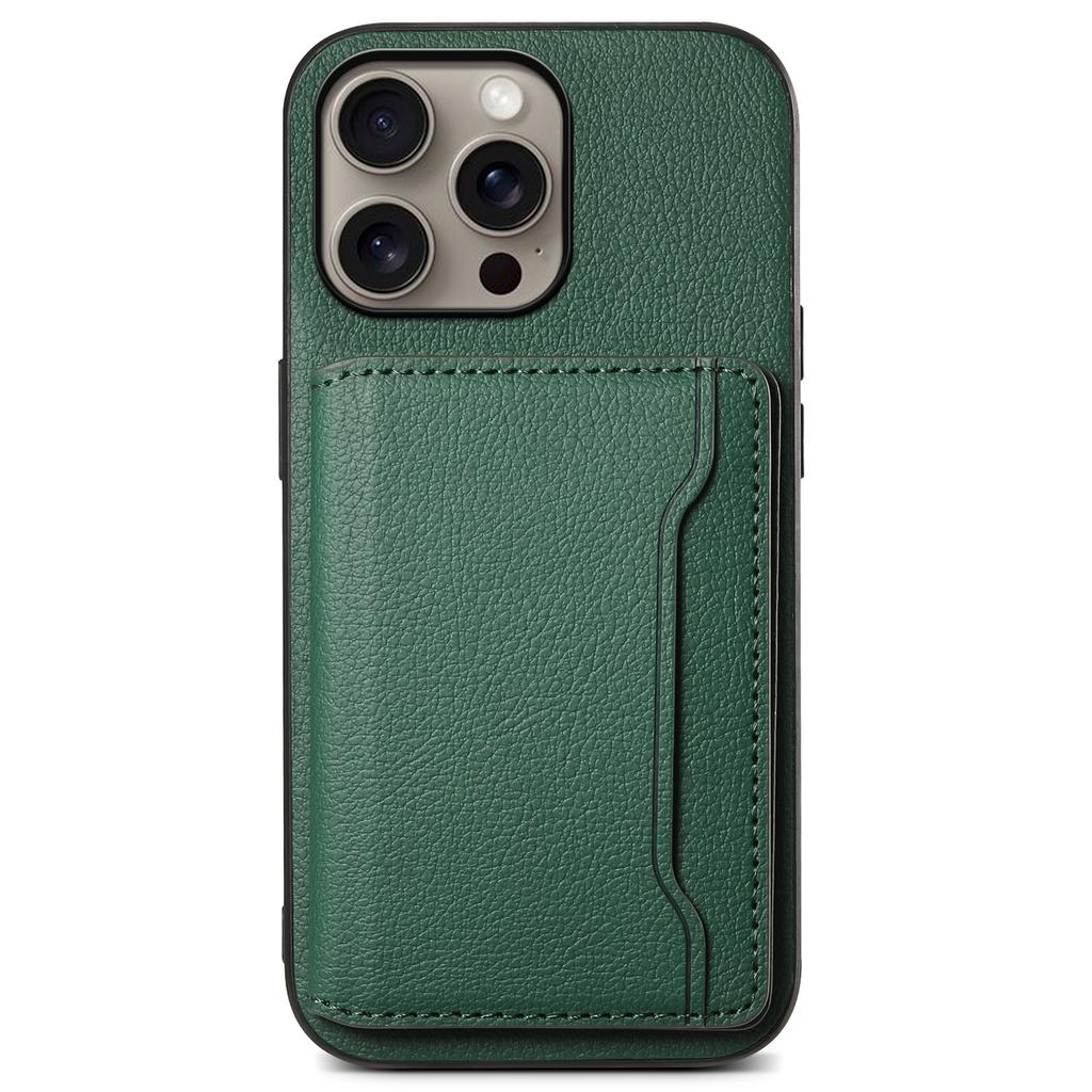 For iPhone 16 Pro Case Card Holder Kickstand Leather Coated PC+TPU Phone Cover