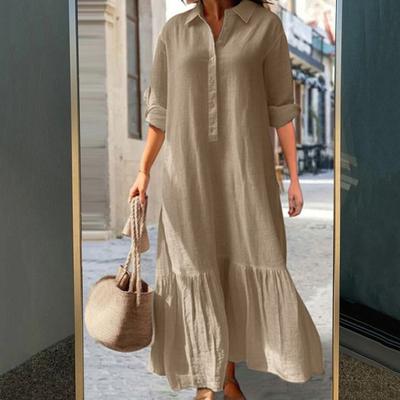 Sommer Frühling Damen Kleid Revers Langarm Rüschen Patchwork Plissee Locker A-Linie Großer Saum Halb einreihig Knöchellang Dünn Atmungsaktiv