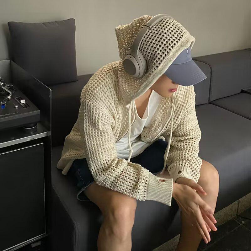Men's High-Grade Hooded Cardigan - Lightweight Knitted Sweater, Sun-Protective, Hollow Design for Couples.