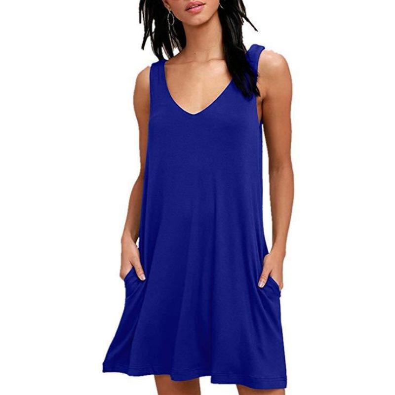 Summer Women's Dress V-neck Sleeveless Loose Casual Pocket Dresses