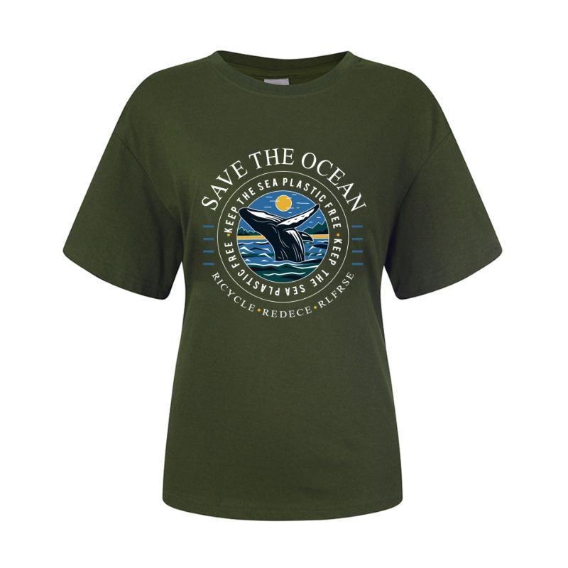 Spring Summer Whale Swimming Letter Pattern Printed Loose Fitting Cotton Short Sleeved Round Neck T-Shirts Women’s