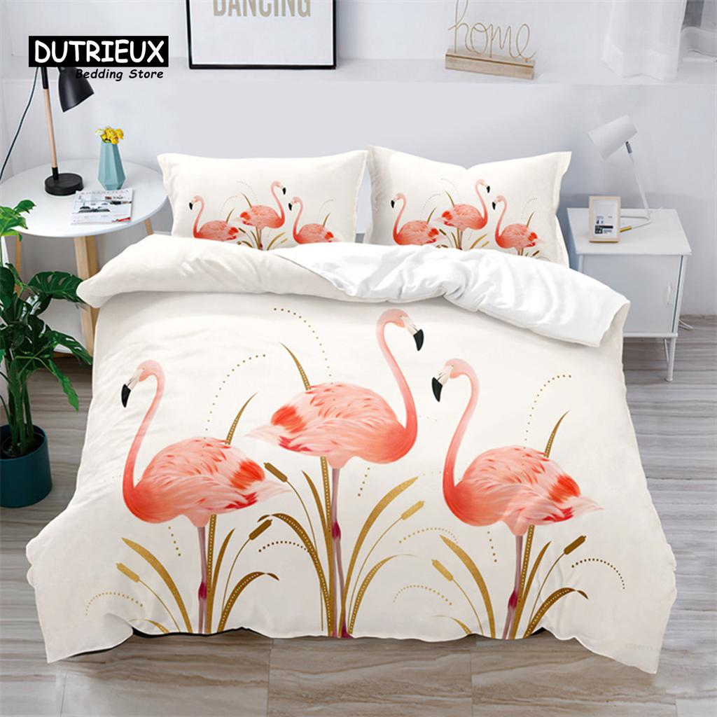 Weiche Bunte Flamingo Bettwäsche Set Queen Size Mikrofaser Tropische Blumen Grüne Blätter Bettbezug mit Kissenbezügen Heimtextil