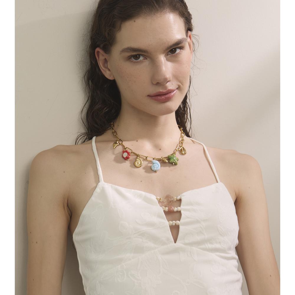 Yhpup Ocean Style Exquisite Ceramic Shell Starfish Turtle Drop Golden Necklace for Women Stainless Steel Trending Jewelry