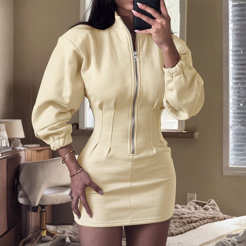 European and American Export Women's Clothing Autumn and Winter Casual and Comfortable Long-Sleeved Stand-Up Collar Zipper Waist Sweatshirt Dress