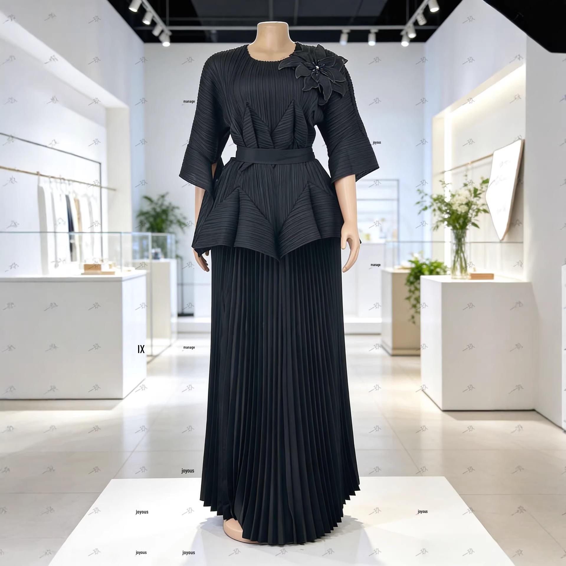 

Элегантный женский комплект из двух предметов Miyaki Plus Size с вышивкой и кружевом - Плиссированная повседневная женская одежда One Size (Fits 80-200 Jin) чёрный