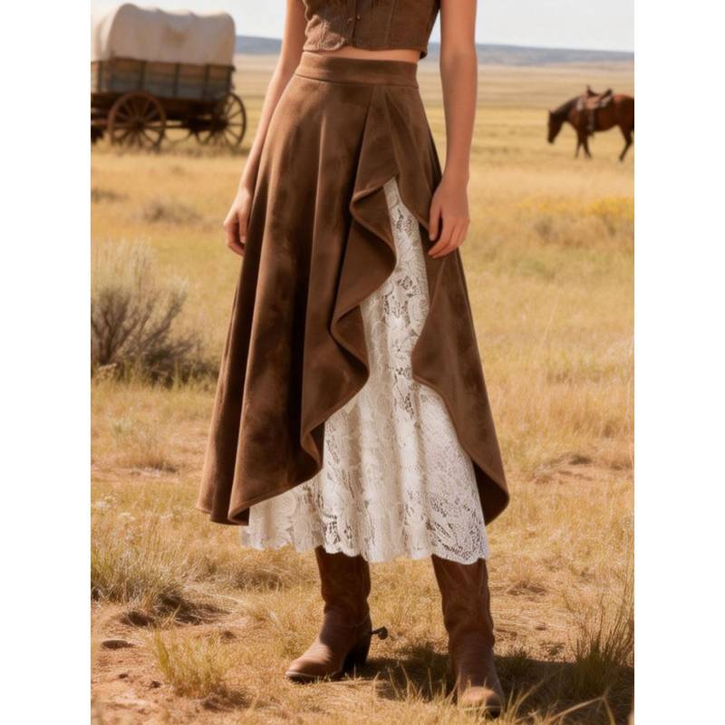 Vintage Western Leather Skirt With Lace Patchwork For Streetwear Fashion