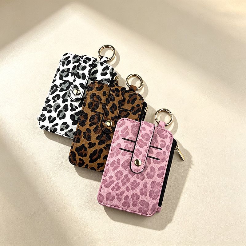 Multifunctional storage leopard print PU leather card bag card cover, small with zipper change, multi-card position card cover pendant.