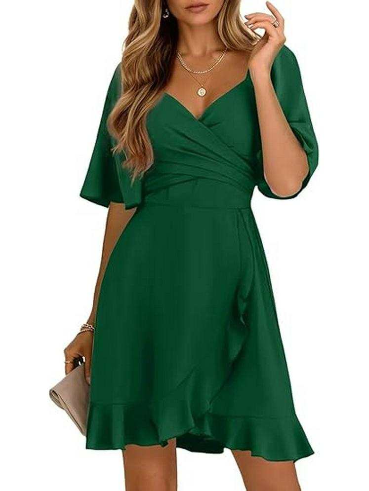 2026 V-Neck Solid Color Ruffle Summer Dress for Women - Stylish Waist-cinching European and American Fashion