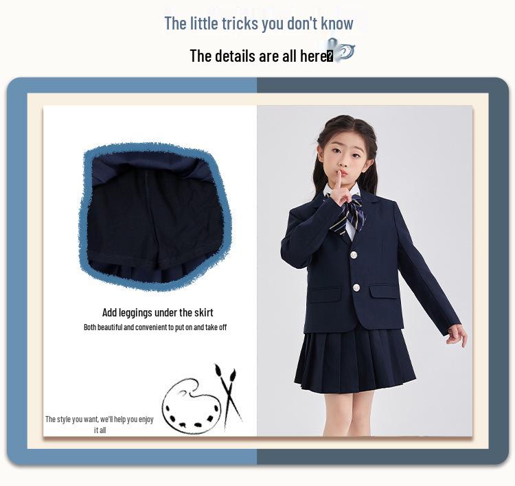 Spring/Summer Kids' British College Style Navy Blue Kindergarten Uniform Set for Performances