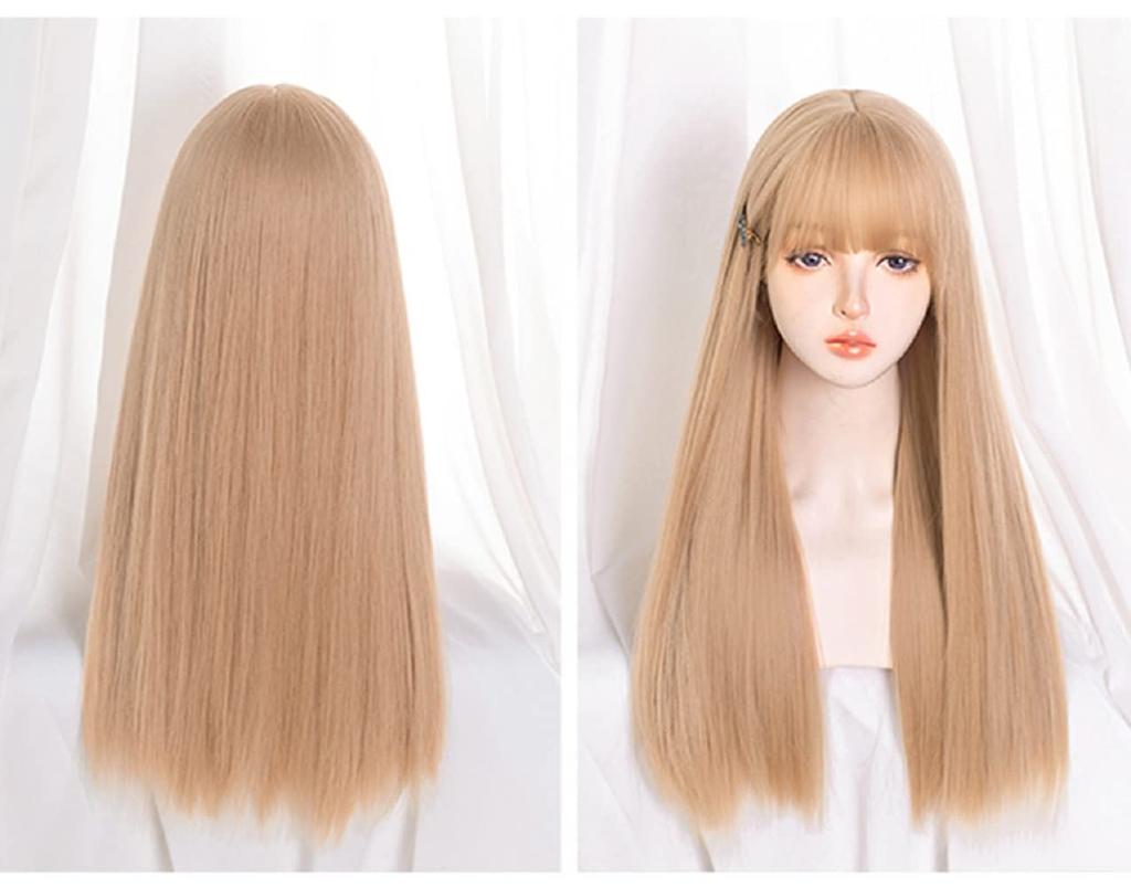 Akixen Wig Long Straight Gold Wig White Gold Harajuku Style Small Face Heat Resistant Cosplay Hair Net Fashion Event Halloween Disguise Costume