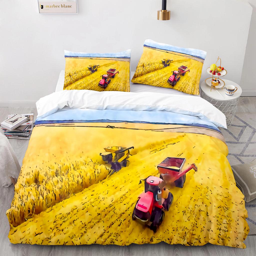 Cartoon Tractor King Queen Duvet Cover Watercolor Style Excavator Bedding Set For Kids Machinery Bulldozer Polyester Quilt Cover