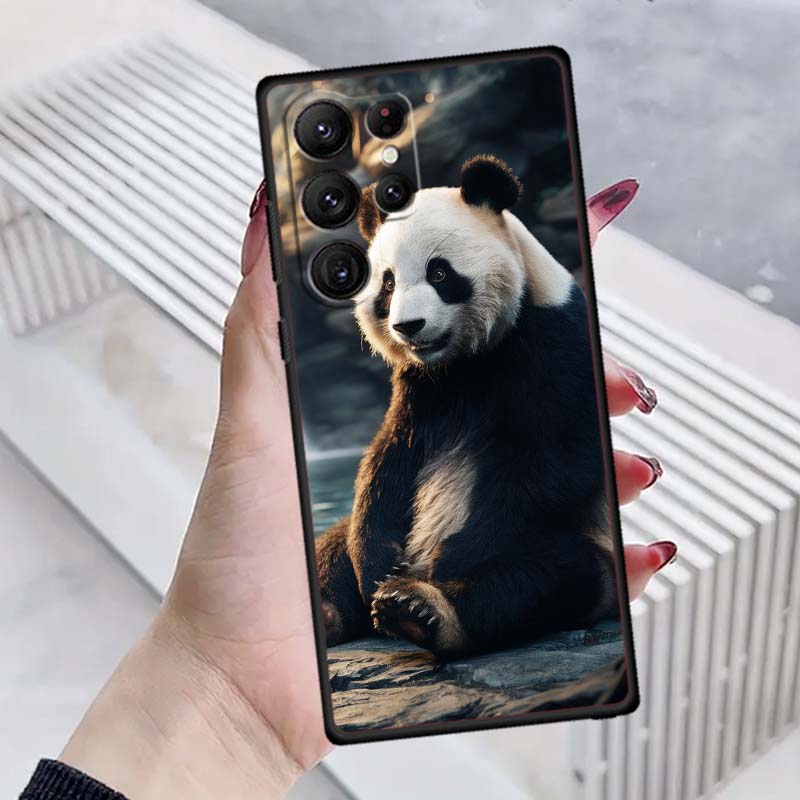 Cartoon Anime Panda Cute Phone Case For Samsung Galaxy S26 S25 S24 S23 S22 S21 S20 Ultra Plus FE 5G Black Soft TPU